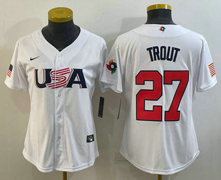 Women%27s USA Baseball #27 Mike Trout 2023 White World Classic Replica Stitched Jerseys